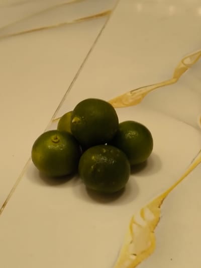 Six green limes are arranged in a pyramid formation on a light-colored tiled surface with thin gold-colored grout lines. The limes are slightly varied in shape and size, with some showing small imperfections on their skin. The lighting is dim, creating soft shadows. The background appears to be a countertop or floor. There are no people or actions depicted in the image. The location in Imus, Philippines, is not discernible from the visual information presented.