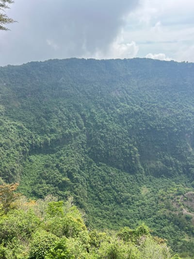 The image shows a verdant, densely forested mountainside under a sky that is partially cloudy. The foliage is predominantly green, suggesting a lush, tropical or subtropical environment. The mountainside's terrain appears steep and uneven, as evidenced by the variations in vegetation density and the shadows cast across the slope. The location is likely in the vicinity of Santa Tecla, El Salvador, given the type of vegetation and topography characteristic of the region. No people, specific objects, or actions are clearly discernible in the image beyond the natural environment.