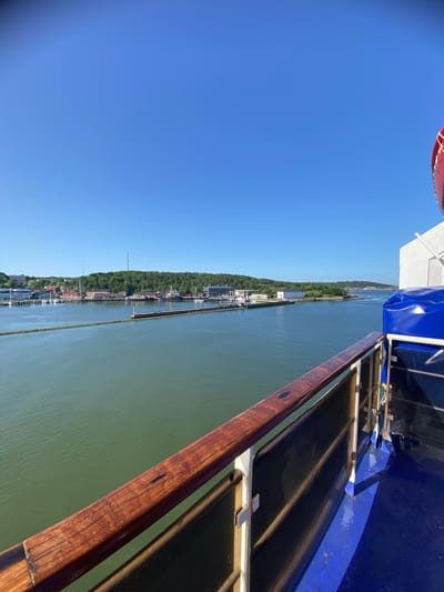 The image captures a scenic view from the deck of a ship sailing on the Göta älv river in Gothenburg, Sweden. The perspective is from a high vantage point, looking down and across the water towards the riverbanks. The sky is a clear, vibrant blue, suggesting a sunny day with fair weather. The time of day appears to be late morning or early afternoon, given the bright sunlight and the shadows cast.

The foreground is dominated by the railing of the ship, made of polished dark wood, which runs diagonally across the lower right portion of the frame. Beyond the railing, parts of the ship's structure are visible, including sections with blue and white surfaces, and dark, enclosed areas that might be seating or storage.

The main subject of the image is the Göta älv river, a wide expanse of calm, greenish water. Along the river's edge, a lush green treeline forms a dense forest that stretches into the distance. Nestled within the trees and along the shoreline are buildings, indicating a populated area. These structures appear to be a mix of residential and commercial buildings, with some boats docked along the waterfront, suggesting a harbor or marina. A long, thin pier or breakwater extends into the river. The overall impression is one of a tranquil day, enjoying the natural beauty and the urban landscape of Gothenburg from the water. There is no visible text in the image.