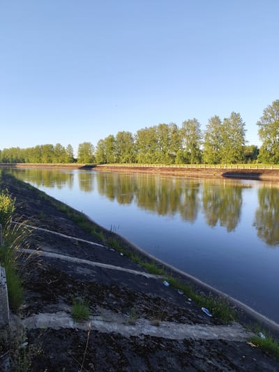 The image depicts a wide canal with a concrete embankment on the left side and a tree-lined bank with a decorative fence on the opposite side. The water surface is calm and reflects the trees and the clear blue sky. There is some sparse vegetation growing on the concrete embankment. The scene appears to be in a park or a developed area along the canal. The image does not contain any people or specific landmarks to identify its exact location within Ivangorod, Russia.
