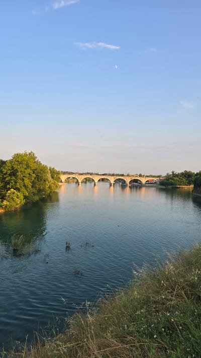 The image depicts a landscape scene, oriented vertically. The sky occupies the left portion, a clear blue with a small, crescent moon and wispy white clouds visible. A body of water, likely a river or lake, fills the right half, with a grassy embankment and reeds along its edge. In the distance, a long, arched bridge spans the water, with a line of trees and buildings on the far bank. The bridge's stone arches are illuminated by the warm light of what appears to be sunset or sunrise, casting reflections on the water. Several small birds are scattered across the water's surface, and aquatic plants are visible near the shore. The overall atmosphere is tranquil and serene, with the natural elements of sky, water, and vegetation dominating the scene. The time of day is suggested to be either early morning or late evening due to the soft, warm lighting. The location context of Peschiera del Garda, Italy, suggests this might be a view of the river Mincio or a canal within the fortified town.