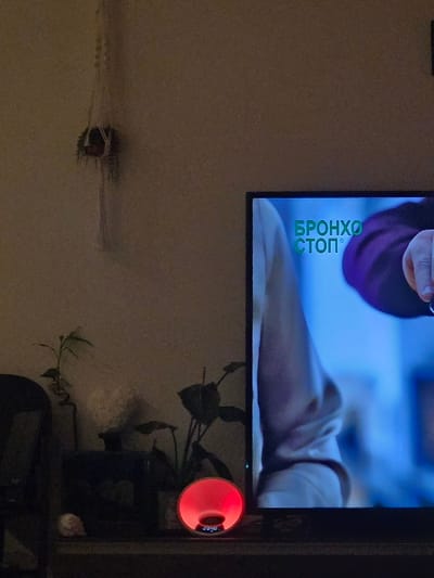 The scene presents an indoor, dimly lit domestic environment in Eeklo, Belgium. A light-colored wall occupies the left half, with a macrame plant hanger containing a small potted plant affixed high on the wall. The right half is dominated by a television screen displaying content. The screen features prominent green text, "БРОНХО СТОП®" (Broncho Stop®), along with a partial view of at least two individuals; one person is seen wearing a light-colored long-sleeved garment, and another's arm in a dark purple sleeve with a visible hand is present on the right side of the screen. Beneath the television, on a dark surface, are several objects. From left to right, these include a white conch shell, a tall plant resembling bamboo in a dark vase, an indistinct dark electronic item, a broad-leafed potted plant, and a circular device with a bright red inner glow, displaying the digital time "23:40". The ambient lighting is subdued.