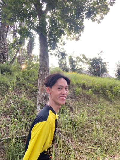 A young man is captured in a selfie, holding the camera at arm's length. He is wearing a yellow and black shirt and smiling at the camera. The background suggests an outdoor setting with lush green grass and trees. The sun appears to be setting, casting a warm glow on the scene and creating lens flares through the leaves of a large tree. The man's relaxed posture and smile indicate a sense of contentment. The image conveys a peaceful moment outdoors, possibly in a rural area given the natural surroundings. There is no visible text in the image.