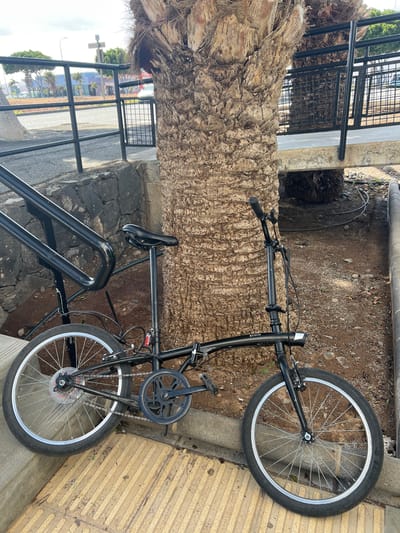 A black B'Twin folding bicycle leans against the rough, textured trunk of a large palm tree on a sidewalk in La Unión, Spain. The bicycle, primarily black, displays silver-colored wheel rims, black tires, a black saddle, and handlebars with visible brake cables. A white front light and a red rear reflector are present on the frame. The front wheel rests on a yellow tactile paving strip, while the rear wheel is on a concrete curb, adjacent to an area of reddish-brown dirt and gravel surrounding the tree base, where dark hoses are visible. To the left, a dark metal railing system, likely part of a pedestrian structure, ascends next to a dark stone wall. In the background, beyond the railings and a paved asphalt road, multiple buildings with blue and white facades are visible, interspersed with trees, including additional palm trees. A silver vehicle is partially discernible across the road to the right. The scene is illuminated by daylight under a partly cloudy sky. No individuals are present.