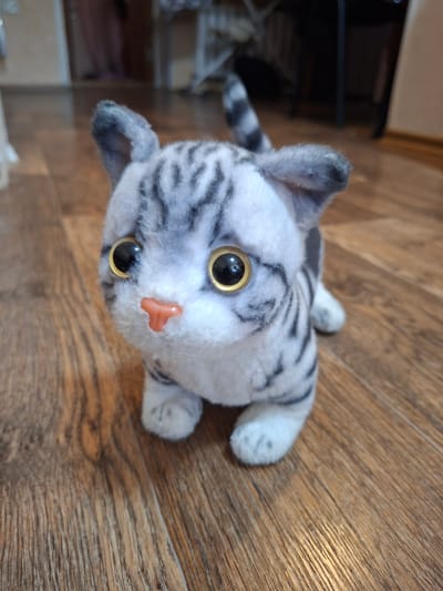 A stuffed toy cat with grey and white tabby markings and large, golden-ringed black eyes sits on a wooden floor. The cat has a small pink nose and its front paws are visible. The background is blurred but appears to be an indoor setting, possibly a home, with wooden walls and furniture visible. The image was taken in the city of Gorkovskiy, Russia.