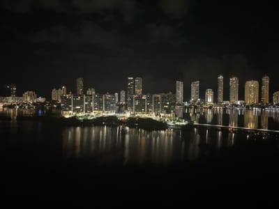 A nighttime cityscape reflects on a body of water. Buildings of various heights and designs are illuminated, creating a vibrant skyline. The water reflects the city lights, producing streaks and shimmering patterns. The foreground is dark and the sky is cloudy. The scene captures the beauty of urban life at night.