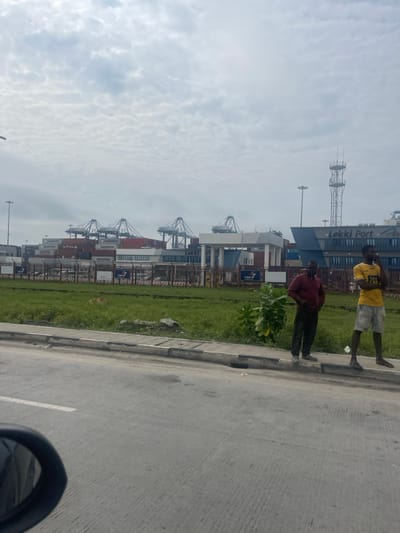 The image displays an outdoor scene under an overcast sky at the Lekki Port facility in Akodo, Nigeria. In the foreground, a concrete road surface with faint parallel markings is visible, along with a partial view of a dark car side mirror on the bottom left. A concrete curb and gutter separate the road from a strip of green grass containing sparse vegetation. Two adult males stand on this curb. The male on the left is dressed in a reddish-brown long-sleeved shirt and dark trousers, standing with his hands on his hips and facing towards the background. The male on the right wears a yellow short-sleeved t-shirt and light-colored shorts, holding a dark object to his right ear, indicative of a phone call. Behind the grassy area, a dark metal fence marks the perimeter of the port. The background features extensive port infrastructure, including numerous stacked shipping containers, many marked with "MAERSK" branding, and multiple large gantry cranes. Several white and grey port buildings are visible, one prominently displaying "Lekki Port" text. A tall communications tower stands within the port area on the far right. No direct interactions between the individuals are apparent.