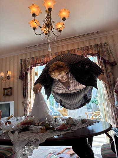 A rotated indoor scene features a wax figure dressed in a tweed suit with a floral blouse, seemingly displaying a white lace fabric. The figure is positioned near a window with floral curtains, overlooking what appears to be an outdoor scene with a white wicker chair and glimpses of greenery. To the right, a dark wooden table or cabinet is adorned with various glassware, bottles, and lace trim. A chandelier with floral shades hangs from the ceiling on the left. In the background, a white wall and television are visible, along with a framed picture and a wall lamp. The location, Nerima, Japan, is inferred from context not directly visible in the image.