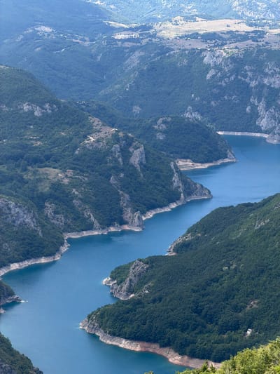 The image is an aerial view of a deep, winding river canyon in Dubljevići, Montenegro. The canyon walls are steep and covered in dense green forestation. The river itself is a vibrant blue, reflecting the sky. Rocky outcrops and bare patches of earth are visible along the riverbanks and on the upper slopes of the canyon. In the distance, the landscape opens up to rolling hills with sparse vegetation and scattered human settlements, suggesting a more arid environment beyond the immediate canyon. The sky is hazy, giving the scene a soft, atmospheric quality. There are no people or explicit objects of human construction clearly visible within the canyon itself, apart from what appear to be a few very small, distant structures on the upper plateau.