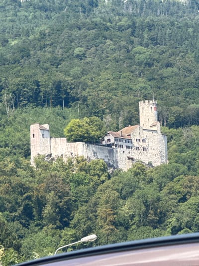 The image depicts the ruins of the Old Castle (Alt-Schloss) of the Balsthal municipality, located in the canton of Solothurn, Switzerland. The castle is situated on a rocky outcrop amidst a densely wooded hillside. The stone structure, characterized by its weathered walls and turrets, is partially overgrown with vegetation. A prominent, taller tower with a flagstaff stands at the right side of the ruins. The surrounding environment is dominated by lush green trees that extend up the slope behind the castle. In the foreground, a portion of a modern street lamp and what appears to be the top edge of a vehicle's interior are visible, suggesting the photograph was taken from a moving vehicle on a road. The sky is not visible in the frame.