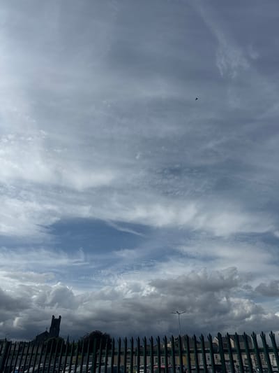 This is a vertical, full shot of a cloudy sky above a low-rise urban area, viewed through a dark green metal fence. The sky is predominantly overcast, with patches of bright white clouds interspersed with areas of darker, grayer clouds, suggesting a varied and dynamic weather system. Wispy, thin clouds stretch across the sky in streaks, with some darker, more cumulus-like clouds also visible.

In the upper left quadrant of the image, a small, dark silhouette of a bird can be seen in flight against the cloudy backdrop. Towards the right side of the frame, partially obscured by the fence, are glimpses of buildings and trees. A prominent, dark stone structure resembling a church or steeple rises above the other buildings. The fence itself is made of vertical metal bars and horizontal supports, with some of the fence posts having pointed tops, creating a barrier between the viewer and the scene beyond.

The lighting suggests it is daytime, possibly late afternoon or early evening, given the contrast between the brighter and darker clouds. The overall mood is somewhat dramatic due to the heavy cloud cover, but the presence of the bird and the hints of human structures provide a sense of everyday life. There is no visible text in the image. The scene is likely set in Port Láirge, Ireland, as suggested by the architectural style of the building and the greenery.
