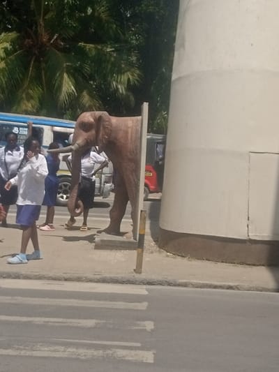 The scene depicts an outdoor urban environment, consistent with Ganjoni/Shimanzi ward, Kenya, under clear, bright daylight. A reddish-brown elephant statue, featuring tusks and a trunk curled inward, is positioned on a grey paved sidewalk. The statue appears to be partially emerging from a vertical, flat, light-colored rectangular panel to its left. Adjacent to the elephant statue on the right stands a large, light-colored cylindrical structure with a darker brown base, also on the sidewalk. A short, yellow and black striped bollard is present near the base of this structure.
In the immediate foreground, a young individual, likely female, wearing a white long-sleeved shirt, blue shorts, and light blue shoes with light grey socks, walks towards the left, holding a mobile phone to the side of their face. Behind this individual and the elephant statue, several other pedestrians are visible; one in a white collared shirt and dark skirt, another in a dark blue uniform with an arm raised, and additional obscured figures.
An asphalt road runs across the foreground, marked with white pedestrian crossing stripes. On the road, a blue and white public transport vehicle (matatu) with "BELOW ZERO" inscribed on its side is visible behind the pedestrians. A red three-wheeled auto-rickshaw (tuk-tuk) is partially visible further back, behind the elephant statue and the large cylindrical structure. Lush green foliage, including palm trees, forms the background. Strong shadows indicate bright sunlight.