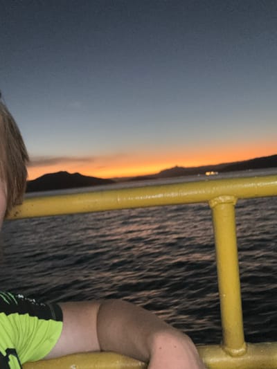 The image is a close-up, rotated view of a person's legs and arm, holding onto a yellow railing. The person is wearing bright green and black patterned swim trunks. Behind them, the ocean is visible, with a faint, warm-toned glow on the horizon suggesting either sunrise or sunset. The water appears choppy. A dark, silhouetted landmass is visible in the distance. The overall impression is of someone enjoying an outdoor setting, likely near a body of water, during a transitional time of day. The image is too cropped to determine the specific activity or convey emotions. There is no visible text.