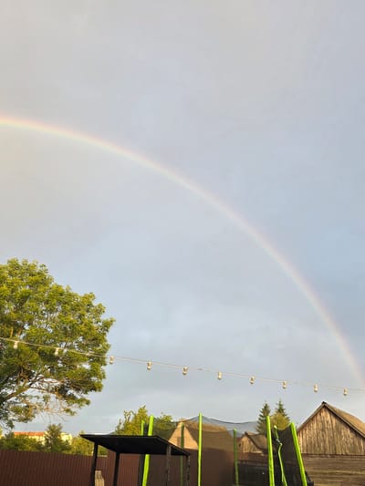 A wide-angle, vertical shot captures a rural backyard scene in Клейнікаўскі сельскі Савет, Belarus, under a pale, overcast sky. A prominent rainbow arches across the upper half of the frame, its colors muted by the diffused light. In the foreground, a mature tree with dense green foliage stands to the left, its branches reaching towards the sky. A string of decorative lights, each bulb glowing softly, stretches horizontally across the middle ground, suspended above a brown wooden fence. Behind the fence, parts of a trampoline with green accents are visible, along with several rustic wooden structures, including a shed with a weathered roof. The overall atmosphere is one of calm and natural beauty.