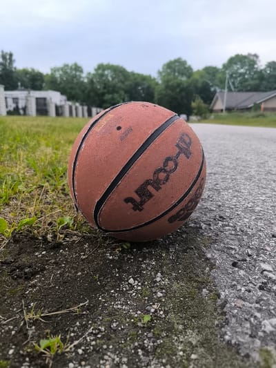An outdoor, low-angle, medium shot features a brown basketball resting on asphalt and grass. The basketball is positioned in the foreground, with its textured surface and black seams clearly visible. The brand name "d-Court" is legible on the side of the ball. To the left of the basketball, a patch of green grass with sparse weeds and dirt is visible. The asphalt extends into the mid-ground and background, appearing slightly wet. In the background, a row of trees forms a natural border against a cloudy, overcast sky. Beyond the trees, to the left, a modern white building with a fence is situated. To the right, a simple, dark-roofed building with a flagpole stands. The scene suggests a casual outdoor setting, possibly a park or a residential area in Tabasalu alevik, Estonia. There are no people or animals in the image, and no actions are taking place. The overall mood is subdued due to the cloudy weather.