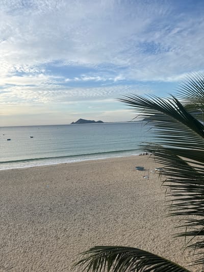 The image depicts a serene beach scene in Lệ Uyên, Vietnam, under a cloudy sky with patches of blue. In the foreground, a portion of a palm frond is visible, framing the view. The beach itself is composed of light-colored sand, with some scattered footprints and two small white objects. Closer to the water, a blue boat is positioned on the sand, accompanied by two white objects and a wooden post. Further out on the sand, a group of approximately five individuals are seated.

The ocean stretches out towards the horizon, with gentle waves breaking on the shore. Several small, dark boats are scattered across the calm water. In the distance, a dark, mountainous island is visible against the hazy horizon, with a faint line of coastline extending from it. The sky is filled with streaks of white and grey clouds, with a clear blue sky peeking through in places. The overall impression is one of tranquility and natural beauty.