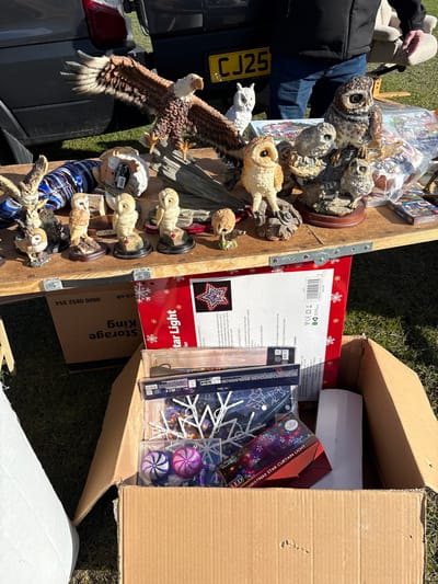 The image shows a collection of items for sale at what appears to be a car boot sale or outdoor market. The items are arranged on a wooden surface and inside a cardboard box. The items include several owl figurines, an eagle figurine, Christmas star curtain lights, Christmas ornaments, and other miscellaneous items. A vehicle, likely a car, is visible in the background, with a license plate that reads "CJ25". The location appears to be outdoors, with grass visible in some areas. Text "Storage King" and a phone number are visible on a box. The location is Chirk, United Kingdom.