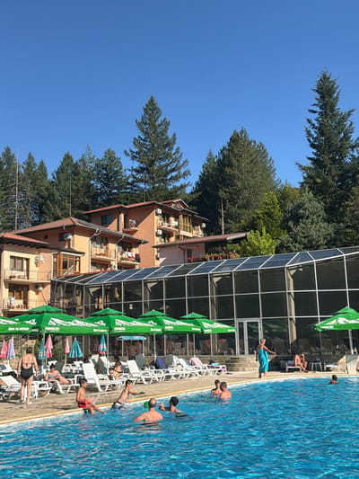 This is a photograph of an outdoor swimming pool area at the Hotel Chiflik in Chiflik, Bulgaria. The pool is filled with clear blue water, and several people are swimming and relaxing. Around the pool, there are lounge chairs and green umbrellas providing shade. In the background, there is a multi-story building with a glass-covered section, likely part of the hotel's facilities, and a dense forest of evergreen trees. The sky is clear and blue, indicating a sunny day. The overall scene depicts a leisurely resort environment.