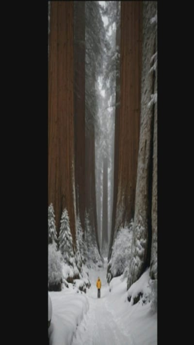 A vertical shot depicts a snowy path flanked by colossal sequoia trees, their massive trunks rising towards a hazy, gray sky. A lone figure in a yellow jacket stands on the path, creating a sense of scale against the backdrop of the towering trees. Snow blankets the ground and clings to the branches of smaller trees and bushes at the base of the sequoias. The trees form a natural corridor, drawing the eye into the distance.