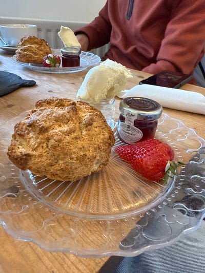 A close-up shot captures a cream tea spread on a light wooden table within an establishment in Ambleside, United Kingdom. In the immediate foreground, a large, golden-brown scone rests on a clear, scalloped glass plate. To its right, a small glass jar of Tiptree Strawberry Preserve (28g / 1oz, by Wilkin & Sons Ltd., Tiptree, Essex, England) sits beside a fresh, vibrant red strawberry. A serving of clotted cream is in a small glass vessel slightly behind and to the left of the jam jar.

In the mid-ground, a person wearing a reddish-orange long-sleeved top, possibly a fleece or sweater with a zippered collar, is seated. Their right arm is extended towards another clear plate featuring a second scone, a small jar of jam, and a single strawberry, along with a white ceramic teacup on a saucer. A black smartphone lies face down on the wooden table near this person's plate, next to a folded white napkin. The background reveals a light-colored wall, possibly with a white radiator, indicating an indoor setting. The lower right corner shows a portion of a leg in blue and white striped fabric, likely denim, belonging to a second individual.