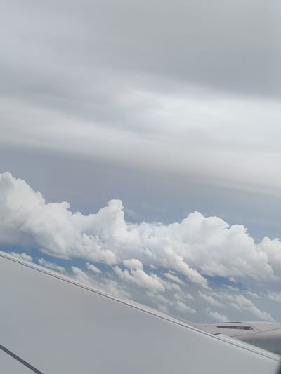 An aerial view from an airplane window shows a vast expanse of clouds under a pale sky. The clouds are white and fluffy in the foreground, with some appearing more wispy and distant in the background. Below the clouds, patches of blue sky are visible. The lower portion of the image is dominated by the white surface of an airplane wing, with subtle lines indicating structural details. No people or specific landmarks are visible. The scene depicts a typical flight environment.