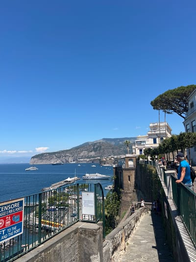 This is a photograph taken from a raised vantage point overlooking the sea and a coastal town, likely Sorrento, Italy. The clear blue sky dominates the upper portion of the image, with a sliver of white cloud on the horizon. The sea is a deep blue and dotted with several boats, including large yachts and ferries. In the foreground, a stone pathway descends between two stone walls, bordered by a green metal railing.
Several people are visible. On the right side of the pathway, a man wearing a blue t-shirt and a baseball cap leans on the railing, looking out at the view. Further down the path, a group of people are walking and standing. On the left side of the image, closer to the sea, a green metal fence runs along the edge. Several signs are attached to this fence. One prominently displays "CENSORE" in large red letters and includes symbols and text in Italian and English, indicating restrictions related to luggage and the port. Another, smaller sign with Italian text appears to be a notice.
The architecture visible includes buildings with white facades and terra cotta roofs, some appearing grand and historic, built into the cliffside. Lush green trees, including a distinctive pine tree with slender trunks, are present. The overall scene suggests a sunny day in a picturesque coastal location.