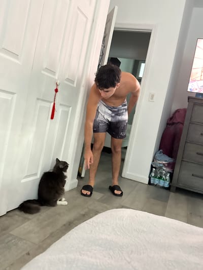 A young, shirtless male with dark, curly hair, wearing patterned swim trunks and black slides, is leaning down to interact with a long-haired, grey and black cat. The cat is sitting near a white door with a red tassel hanging from its knob. The scene takes place indoors on a light grey wood-look floor. To the right of the male, a dresser with several drawers is visible, and a television screen shows a bright, colorful image. The room appears to be a bedroom in a residential setting. The image was taken in Bellmore, New York, United States of America.