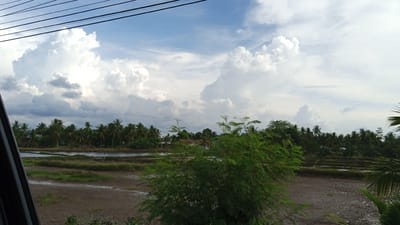 This is an outdoor, eye-level, medium shot photograph of a rural landscape under a cloudy sky. The foreground is dominated by dry, muddy earth with some sparse green vegetation and palm fronds. A line of green trees and palm trees runs horizontally across the middle ground, behind which are some small residential buildings. Further back, there are tiered fields, possibly rice paddies, with some water. The sky is filled with large, fluffy white clouds and patches of blue. The image appears to have been taken from within a vehicle, as a black frame is visible on the left side. The overall scene suggests a tropical or subtropical environment. The metadata indicates the location as Kambam, Indonesia.
