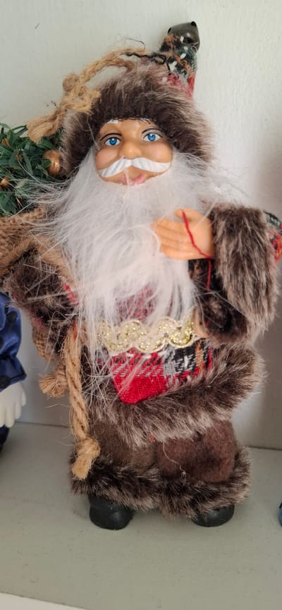 This is a close-up, vertically oriented photograph of a decorative gnome figure, possibly a Christmas ornament. The gnome has a plastic face with blue eyes and a long, white beard. Its clothing is a red and black plaid fabric, trimmed with brown faux fur and a gold decorative ribbon. A rope belt is tied around its waist. The gnome is positioned as if it is holding a miniature green Christmas tree, though only the top part of the tree is visible. The background is a plain, light-colored surface, likely a shelf or wall. The lighting is neutral, suggesting an indoor setting. There is no visible text in the image. The overall impression is that of a whimsical, festive decoration.