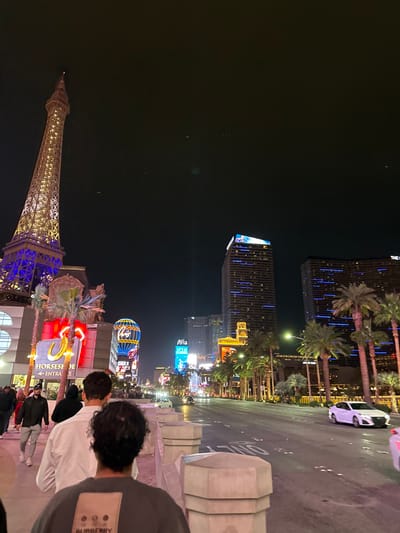 The image depicts a nighttime street scene in Paradise, United States. In the immediate foreground, three individuals are observed from behind, walking forward on a sidewalk. The closest person wears a dark short-sleeved shirt with a white "BURBERRY" logo visible on the back. To their left, another individual wears a white long-sleeved shirt, and further left, a person in a dark hoodie is partially visible among other pedestrians.
On the left side of the scene, the illuminated Eiffel Tower replica stands prominently, glowing with gold and blue lights. Below it, the "Horseshoe" casino entrance is visible with prominent red signage and several palm trees. Further down the street on the left, an illuminated hot air balloon-shaped structure is present.
A multi-lane asphalt road runs through the center of the image, with vehicles, including a white sedan, traveling away from the camera. On the right side of the road, numerous illuminated palm trees line the street, standing in front of several modern high-rise buildings. One building prominently displays the "Aria" logo, and another on the far right shows partial text for "THE CO...". Concrete barriers separate the sidewalk from the road on the right. The sky is dark, indicating nighttime conditions, with urban light pollution visible.