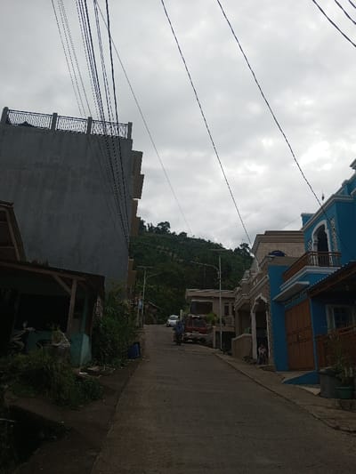 The image portrays an uphill residential street in Hasanparthy mandal, India, under an overcast sky. Numerous black utility wires traverse the upper frame. On the left, a light blue building with a wooden awning houses a parked white scooter, partially obscured by foreground vegetation. Adjacent to it, a multi-story, unfinished gray concrete building features several outward-extending balconies and a flat roof with a dark metal railing. A blue barrel rests near the left street edge amidst green foliage. On the right side of the paved road, a two-story building with a vibrant blue ground floor and a beige upper level displays ornate white trim and a large brown garage door. One or two individuals are seated near its entrance. Further up the incline, a red pickup truck is parked, followed by a white car. A person on a dark motorcycle is observed riding uphill past the pickup truck. Multiple streetlights with solar panels line the street. The road ascends towards a distant, densely forested hill.