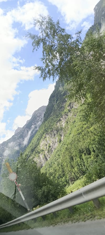 The image captures a mountainous landscape with a road guardrail in the foreground. A tree with green leaves partially obscures the view of a steep, densely forested mountain. The mountain's rocky face is visible in sections, with some patches of mist or clouds clinging to its upper reaches. In the lower left of the image, a traffic sign with a red circle and a yellow background with text is visible. The text on the sign appears to be in German. A white and red striped barrier gate is also present near the sign. The sky is blue with scattered white clouds. The scene is likely located in Golling an der Salzach, Austria, known for its alpine environment.