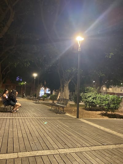 The image depicts a nighttime scene in a public park in Cagliari, Italy. Two young women are seated on a bench on a wooden boardwalk, facing away from the camera. They appear to be engaged in conversation. A tall lamppost illuminates the area with a bright, warm light, casting long shadows from the surrounding trees. Several other benches are visible in the background, some occupied by other park-goers. The park is characterized by mature trees with dense foliage, manicured bushes, and a paved walkway. Buildings with illuminated windows are visible beyond the park's perimeter. The ground is covered with a mix of fallen leaves and dirt. The overall atmosphere is tranquil and social, suggesting a popular gathering spot in the city.