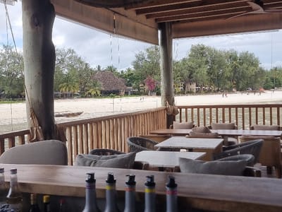 The image captures a view from an elevated, open-air beachfront establishment in Michamvi Kae, Tanzania, looking out towards the sea. In the immediate foreground, a wooden bar counter displays several grey pump-top bottles and various smaller bottles. Behind this, an outdoor dining area features multiple square and rectangular tables with light-colored, possibly speckled surfaces, paired with chairs that include grey cushions and woven elements. This area is enclosed by a wooden railing composed of vertical slats and transparent vertical panels, offering an unobstructed view of the beach. Thick, rough-hewn wooden pillars support a wooden plank ceiling overhead.
Beyond the railing, a wide, light-colored sandy beach, indicative of low tide, stretches across the midground. Shallow water is visible closer to the establishment. A single light-colored wooden dugout canoe rests on the sand to the left. In the distance, several small figures, estimated between four and six individuals, are visible walking or standing on the beach. The beach is bordered by dense tropical foliage, predominantly green trees including numerous palm trees. Several buildings with thatched roofs and light-colored walls are interspersed among the trees. A tree with distinctive reddish-purple blossoms is visible on the far left. The sky above is overcast.