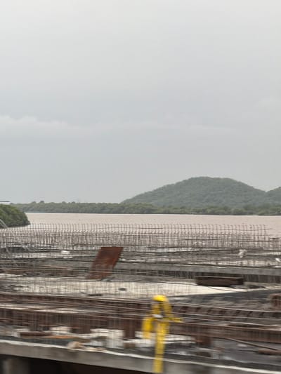 The image depicts a construction site with a body of water in the background. In the foreground, there are numerous steel reinforcement bars, concrete structures, and wooden planks, indicating ongoing construction activity. A yellow safety cone is visible in the middle ground. The background features a wide expanse of muddy water, with lush green trees lining the opposite bank. A rounded, tree-covered hill dominates the horizon, under a cloudy sky. The scene is consistent with a construction project near a waterfront in Vasai-Virar, India, possibly a bridge or infrastructure development along the Vasai Creek.