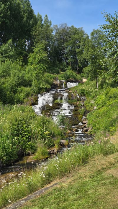 This image depicts a tiered waterfall cascading down a rocky slope, surrounded by lush green vegetation and trees. The sky above is a clear blue. The waterfall is the central focus, with water flowing over multiple levels of rock formations. The surrounding environment is wild and natural, with dense foliage and grass growing along the banks and on the rocks. The image appears to be taken during daylight hours. The scene does not contain any people or man-made structures, other than what might be implied by a path or railing at the top of the waterfall which is not clearly visible. There is a small stream at the bottom, flowing away from the waterfall.