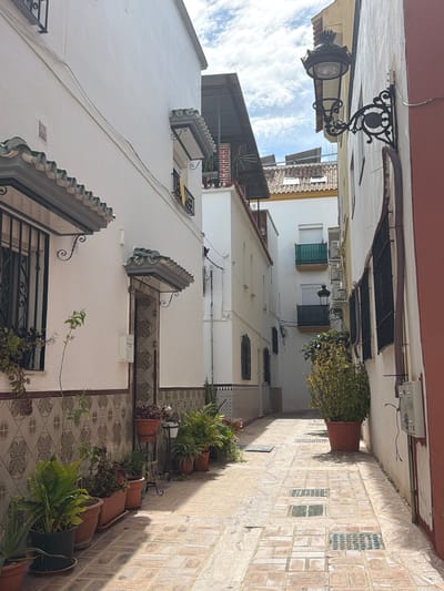 The image captures a narrow alley in Arroyo De La Miel-Benalmadena Costa, Spain. The alley is flanked by buildings, mostly white with some terracotta accents on the roofs and upper walls. Decorative ironwork is visible on some windows and balconies. Potted plants line the base of the walls along the alley floor, adding greenery. The paving stones are light-colored and laid in a pattern. An ornate street lamp is attached to the building on the left side of the frame. The sky is partially visible between the buildings, showing scattered clouds.