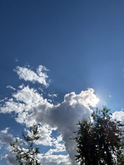 The image shows a sky view, likely taken during the day. The sky is predominantly blue with scattered white and grey clouds. The sun is partially obscured by a large, bright cloud, causing a glare. Branches and leaves from trees are visible in the top right and bottom right corners, suggesting the photo was taken from under or near a tree. It's unclear if the location is specifically Ol'khovo, Russia, as the image doesn't contain any definitive landmarks or elements to confirm the specific location. No people are visible in the image.