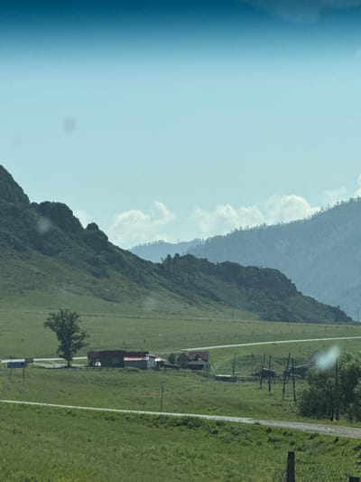The image depicts a rural landscape with rolling green hills and mountains in the background. A road winds through the scene, passing by several buildings with red roofs. A lone tree stands in a grassy field, and a fence can be seen in the foreground. The sky is clear and blue. Based on the sign which reads "Туюкта 18 Ташанта 323" (Tyukta 18 Tashanta 323), the location is likely near the village of Tyukta, Russia, on the Chuya Highway. The sign indicates distances to Tyukta and Tashanta. The scene appears to be tranquil and undeveloped, typical of a remote area. There are no people visible in the image.