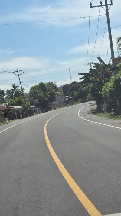 The image shows a paved road curving to the right. A solid yellow line marks the center of the road, and a white line marks the edge. Vegetation lines the left side of the road, including banana trees and other greenery. Utility poles with electrical wires are visible along the left side, extending into a blue sky with light clouds. A communication tower is visible in the distance. The location is near Paya Tringgadeng, Indonesia, based on the landscape and infrastructure.