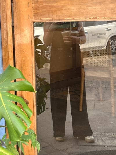 The image displays a reflection in a window set within a warm wooden frame. In the immediate foreground, large, vibrant green leaves from a plant, possibly a Monstera, partially frame the lower right portion of the scene.
The reflection within the glass shows a person standing, facing away from the viewer. They are wearing dark trousers and light-colored shoes. A slender wooden stick or handle extends vertically in front of them. The upper part of their body, wearing a lighter garment, is also visible, along with a hand bearing what appears to be a ring or bracelet.
Behind the person, the reflection of a white vehicle, likely a van, is prominent. On its side, the backward text "SERVICIO TÉCNICO" and "MTZ" are clearly discernible, suggesting it is a service vehicle. A textured pattern resembling wicker or cane weaving is also reflected, possibly from furniture or a partition inside.
The overall lighting indicates it is daytime. The visible Spanish text "SERVICIO TÉCNICO" points to a Spanish-speaking location, aligning with the provided context of Mazatlán, Mexico. The scene captures a candid moment, blending an outdoor reflection with elements viewed through a window.