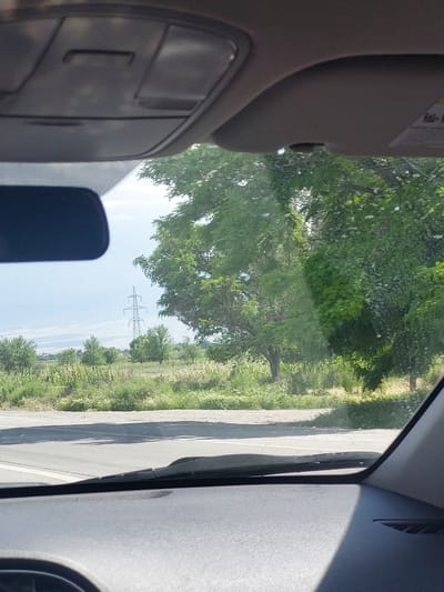 The image is a landscape-oriented shot, taken from inside a vehicle, looking out a side window at a rural or semi-rural scene.

**Subjects:**
*   **Inside the vehicle:** On the left, a portion of a sun visor with an unreadable warning label is visible, along with a grey overhead console featuring various buttons or compartments. The right side shows interior car trim, likely part of the door frame or A-pillar. A dark, indistinct object, possibly a phone or accessory, is positioned in the lower-middle, partially obscuring the view outside.
*   **Outside the vehicle:** Lush green trees with dense foliage are prominent, especially in the upper and middle sections. A paved road or path with a white line runs alongside a grassy verge. In the distance, a tall metal lattice power line tower (pylon) stands against the sky. The surrounding landscape includes more trees, shrubs, and open land.

**Activity or event:** The image captures a stationary or moving vehicle's perspective of the passing or surrounding environment. There is no specific human activity depicted, focusing instead on the landscape view.

**Notable details:**
*   **Time of day:** The bright light, clear sky, and defined shadows indicate sunny daylight conditions, likely morning or afternoon.
*   **Weather:** The sky is clear and light blue, suggesting fair weather.
*   **Location cues:** The presence of a power line tower, the type of natural vegetation, and the open expanse of land suggest a rural setting, aligning with the provided location context of Marmarashen, Armenia.

**Visible text:** There is text on the sun visor inside the car, but it is blurry and partially obscured, rendering it illegible.
