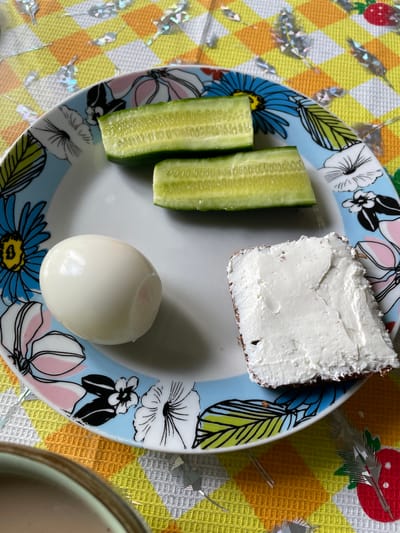 A floral-patterned plate rests on a yellow and white checkered surface, likely a tablecloth. On the plate are two cucumber segments, a peeled hard-boiled egg, and a square of bread thickly spread with white cream cheese. The setting appears to be indoors, potentially a kitchen or dining area. This image was taken in Talmenka, Russia. No people are visible in the image.