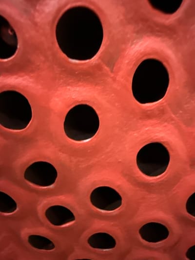 This media file is a close-up, high-angle shot of a coral-pink, porous material, likely a decorative element or screen. The surface is textured with a repeating pattern of circular openings, creating a honeycomb-like effect. The light source seems to be coming from the top, casting subtle shadows within the cavities and highlighting the raised portions of the material. The focus is shallow, with the foreground elements sharp and the background slightly blurred, giving a sense of depth. The overall impression is abstract and tactile, emphasizing the texture and form of the object. There are no visible people, animals, or any discernible text. The lighting suggests an indoor setting, potentially with artificial light, or an outdoor scene during daylight hours, though specific environmental cues are absent. The location context provided indicates Taganrog City District, Russia, but this cannot be visually confirmed from the image itself.