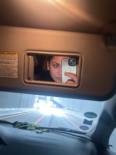 The scene is observed from inside a vehicle, facing forward, as it exits the southern portal of the Gotthard Road Tunnel, near Airolo, Switzerland. Bright sunlight from the tunnel exit creates a strong glare directly ahead on the roadway.
In the upper section of the image, a beige sun visor is lowered. A rectangular vanity mirror embedded in the visor reflects the left profile of an individual's face, including one eye, a portion of the nose, and the left side of the mouth. The individual has brown hair and looks slightly upwards and to their right. Their left hand is visible, holding a light-colored smartphone with a case featuring a black line drawing of a figure and small heart stickers. To the left of the mirror, a multi-language warning label is affixed to the visor, with "AVVERTENZA" partially legible.
On the dashboard, to the left, a cluster of red roses with green leaves is present. The road ahead is illuminated by sunlight, revealing two lanes marked by orange lines on the asphalt. Two round adhesive stickers, one green and one white/purple, are affixed to the lower right section of the windshield. The green sticker contains the text "San Gottardo," confirming the location.