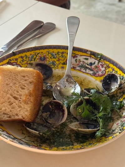 A decorative plate holds a clam dish garnished with parsley, alongside a slice of bread and a spoon. Utensils rest near the dish. The plate's ornate floral and paisley pattern contrasts with the simple, toasted bread. The clam dish appears to be in a broth-like sauce, possibly flavored with garlic and herbs.