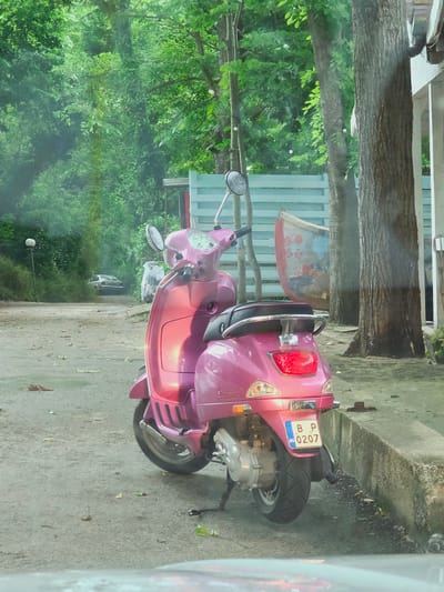 The image shows a pink Vespa scooter parked on a dirt and gravel road, bordered by a concrete curb. The scooter's license plate, visible on the rear, reads "BP 0207 BG". In the background, dense green foliage and trees dominate the scene, with a faint hint of a building structure on the right. A light-colored car is visible in the distance on the left, and a round street lamp stands near it. The overall impression is an outdoor, semi-urban or rural setting in Bliznatsi, Bulgaria, likely during daylight hours given the lighting conditions. There are no people visible in the image.