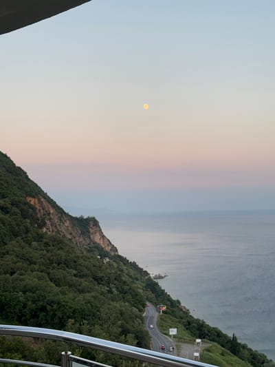 The image shows a scenic view from a balcony overlooking the Adriatic Sea near Seoce, Montenegro. In the foreground, a silver metal railing is visible. The middle ground features a winding road with several cars driving on it, bordered by lush green trees and vegetation covering a steep hillside. A billboard is present along the road. The background displays the calm, gray sea meeting the horizon under a pale sky that transitions from a soft pink to a light blue. A small, pale yellow moon is visible in the upper portion of the sky. The overall scene captures a serene coastal landscape during twilight.