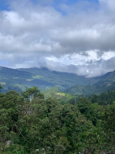 The image captures a lush, green mountainous landscape with a partly cloudy sky. The foreground is dominated by dense foliage and tall trees, with glimpses of structures, possibly houses, nestled within the greenery. The midground reveals rolling hills covered in vegetation, interspersed with patches of lighter green, suggesting terraced farming or open clearings. In the background, larger, mist-shrouded mountains rise, their peaks partially obscured by clouds. A lone electricity pylon stands visible amidst the trees in the midground. The overall scene depicts a rural, possibly remote, natural environment. The location is identified as Kuda Maskeliya, Sri Lanka.