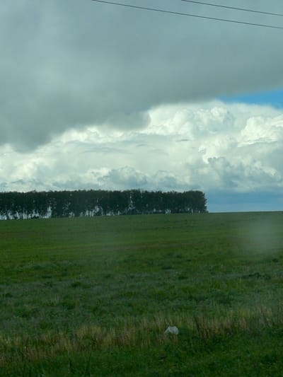 The image shows a landscape scene, possibly in a rural or semi-rural location. On the left side of the frame, there's a sky filled with clouds, transitioning from darker, overcast areas to lighter, brighter patches. Three powerlines are visible against the left side of the sky. A line of trees runs diagonally across the middle of the image, separating the sky from a green field. The field takes up the right side of the frame and appears to be covered in grass and vegetation. A small, white object, possibly a piece of trash or debris, is located in the field. The photo might be taken from a moving vehicle or while hand-holding the camera, as there's a slight angle and a general sense of movement. There is no confirmation the photo was taken in Кокино, Russia.